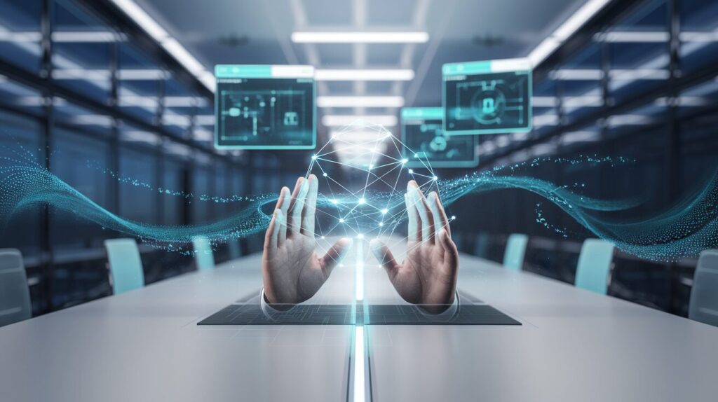 Hands interact with a floating holographic interface in a modern, minimalist office.