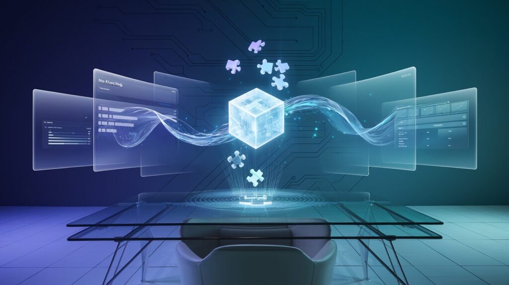 Minimalist workspace with holographic interface, glowing cube, and ambient blue lighting.