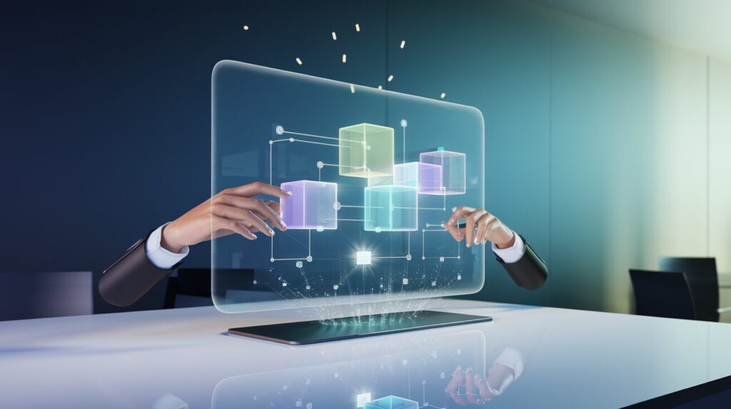 Modern workspace with a floating holographic display and glowing modular blocks.