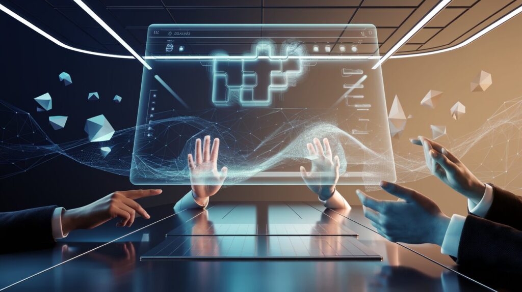 Modern workspace with floating touchscreen, diverse hands gesturing, glowing elements.