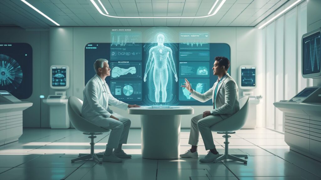 Doctor uses holographic interface with elderly patient in modern, tech-enhanced room.
