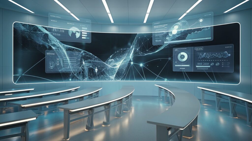 Futuristic classroom with holographic interface, curved desks, and data displays in blue tones.