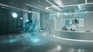 Futuristic medical office with holographic displays and AI interaction in sleek, modern design.