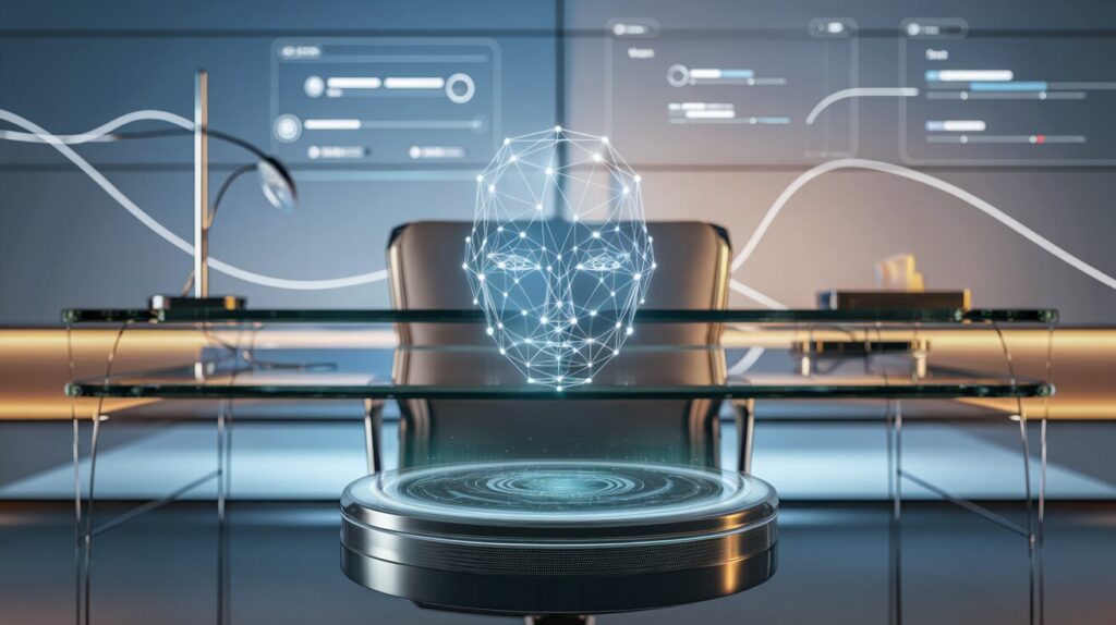 Futuristic office with holographic AI assistant glowing blue, sleek desk, chrome accents.