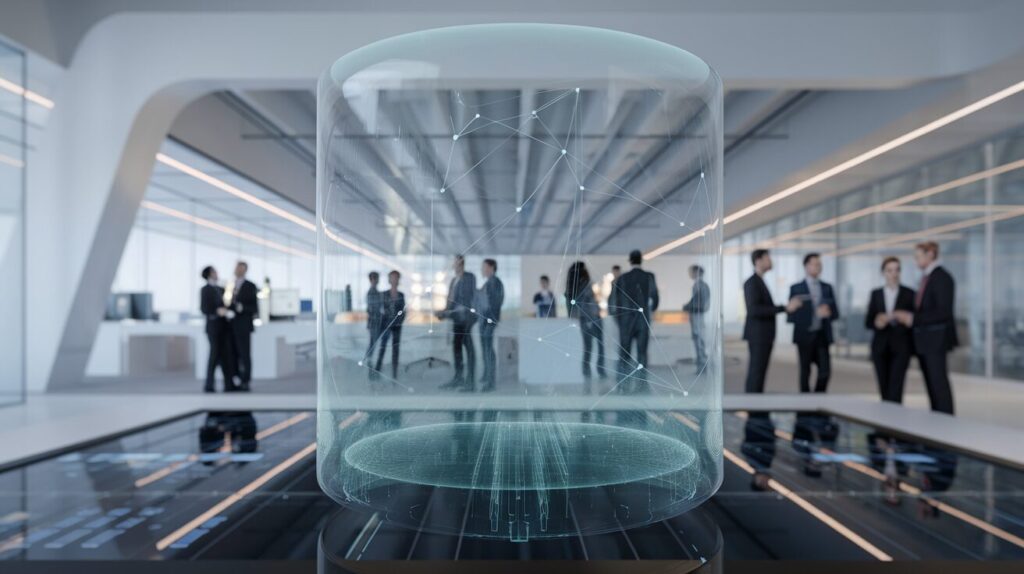 Futuristic office with holographic display, diverse professionals, sleek design.