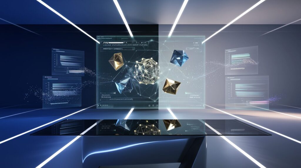 Futuristic tech workspace with holographic AI display, glass desk, and ambient lighting.