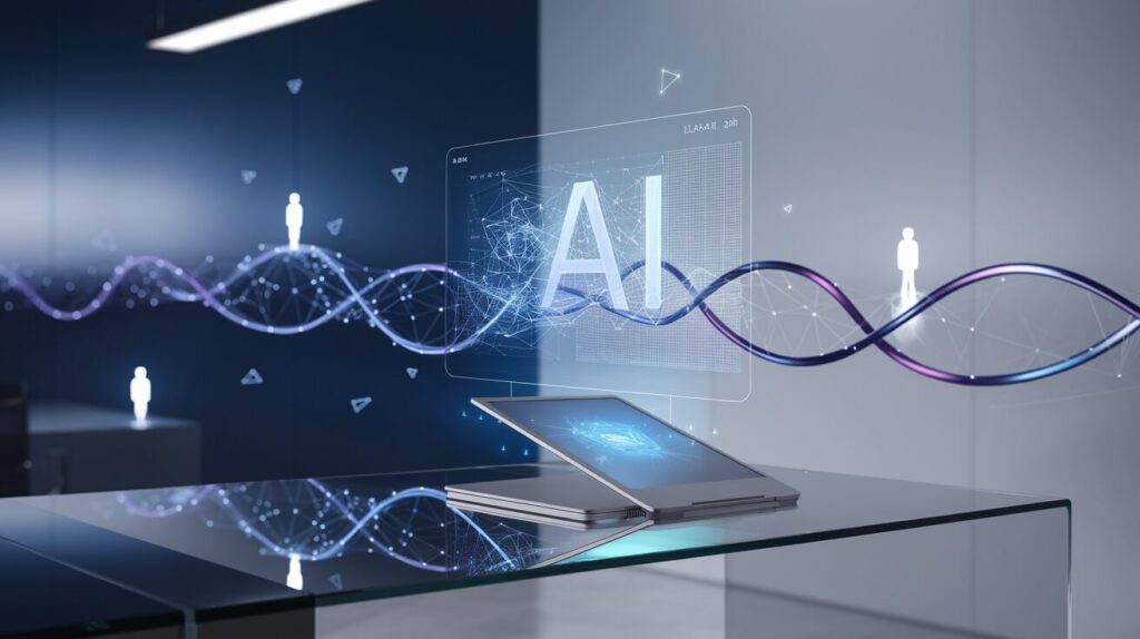 Minimalist office with holographic AI interface, glowing nodes, and sleek metallic network.