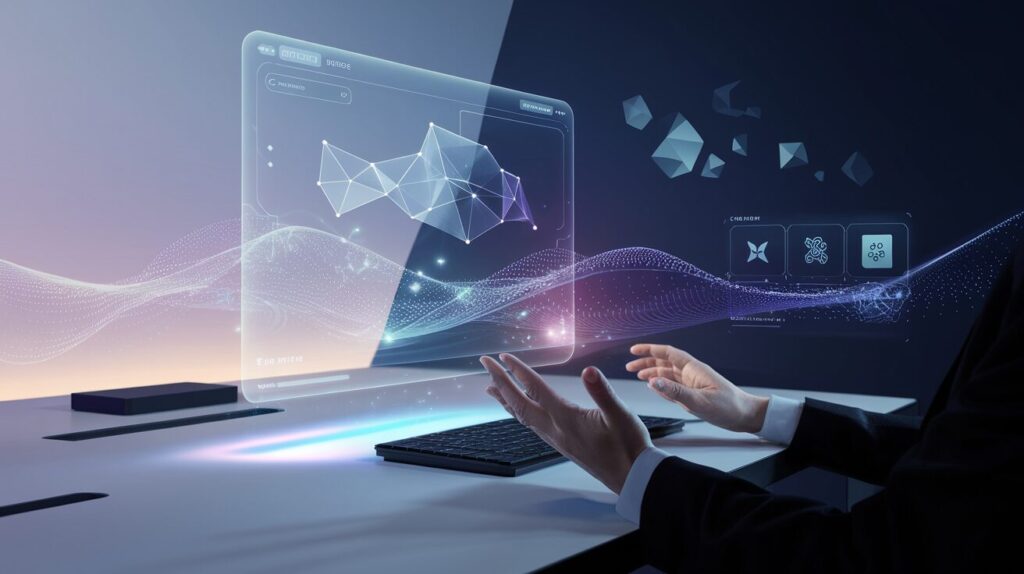 Minimalist tech desk with holographic AI interface, data visuals, and gesturing hands.