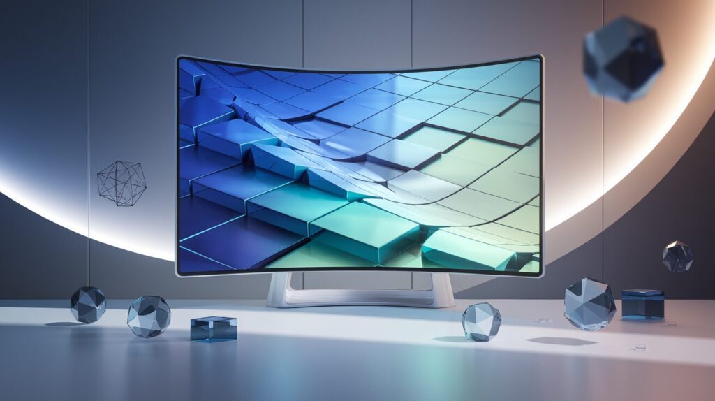 Minimalist workspace with a curved display showing blue-teal blocks, AI components on desk.