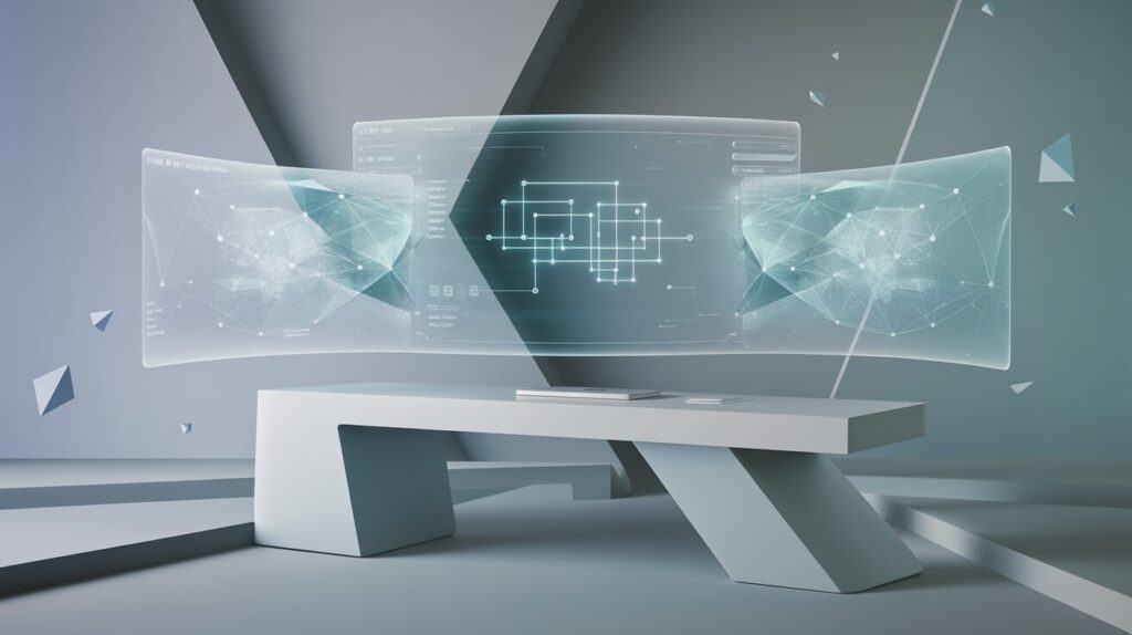Minimalist workspace with holographic AI flowchart, glowing nodes, and wireless peripherals.