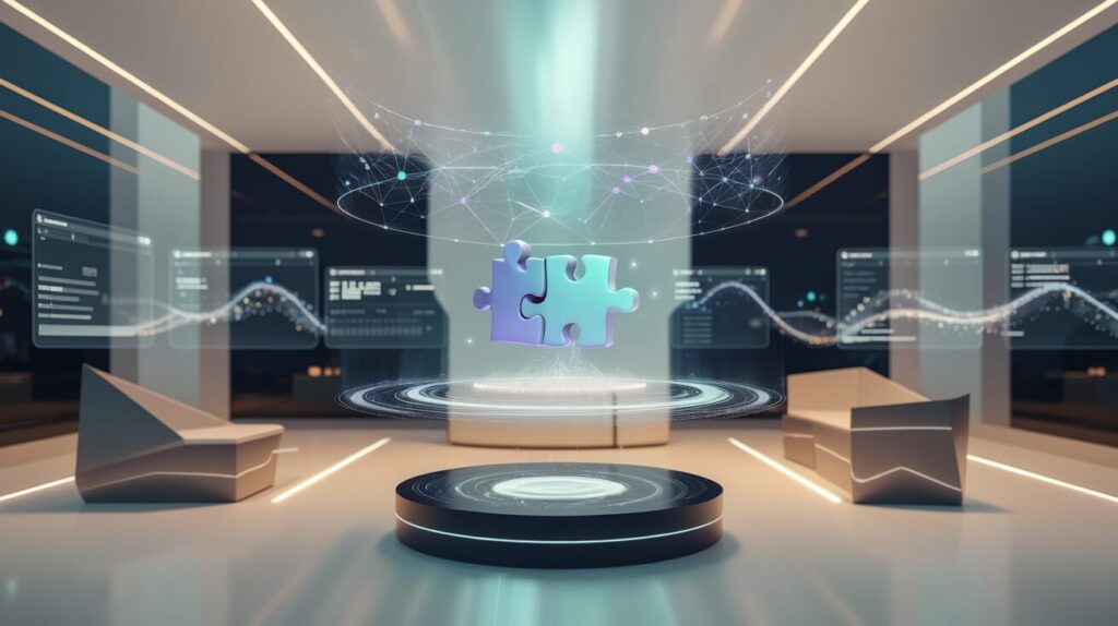 Minimalist workspace with holographic interface displaying 3D puzzle symbolizing automation.