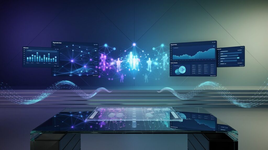 Minimalist workspace with holographic network nodes, glass desk, and dynamic analytics screens.