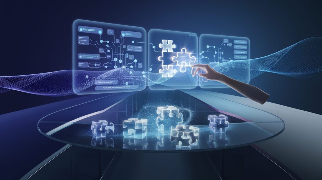 Minimalist workspace with holographic UI, human hand arranging glowing puzzle pieces.