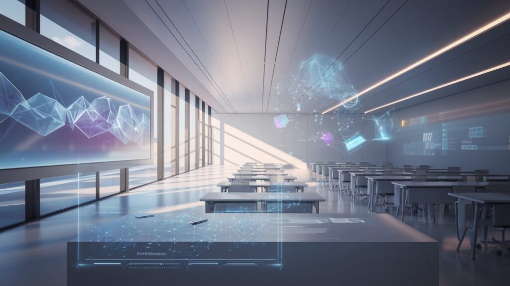 Modern classroom with smart wall, holographic interface, sunlight, and tech-enhanced desk.