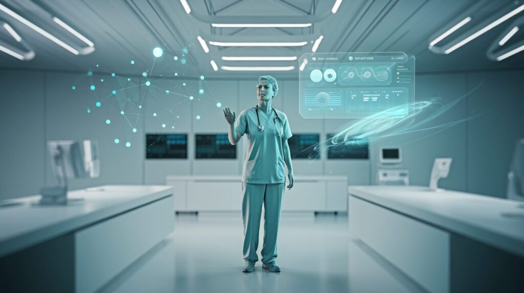 Modern medical office with holographic interface, professional gestures towards data display.