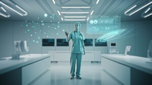 Modern medical office with holographic interface, professional gestures towards data display.