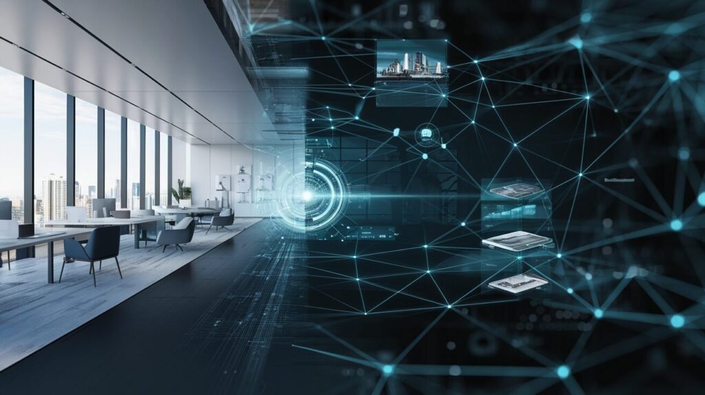Modern office merging with digital UI, city view, ambient lighting, AI tech elements.