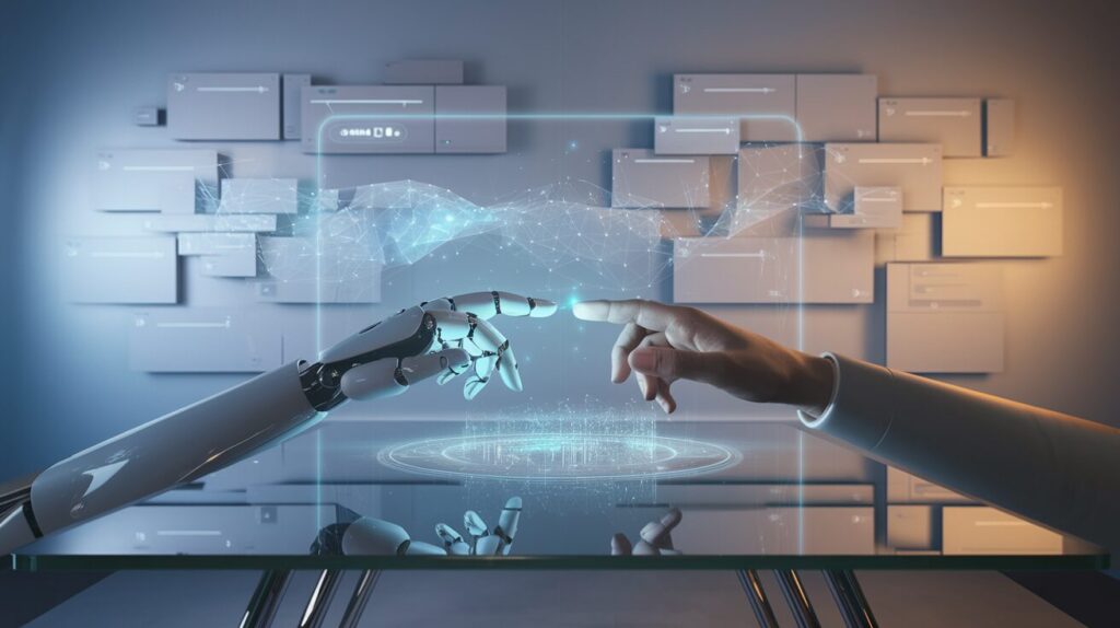 Modern office with glass desk, holographic display, AI-human hand connection, and ambient lighting.