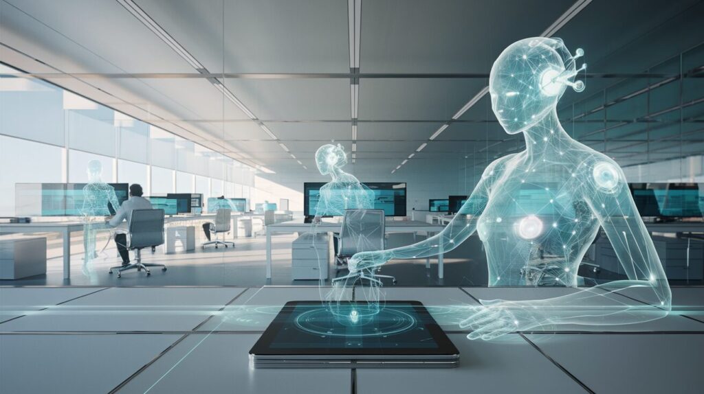 Modern office with holographic AI assisting at sleek workstations, glowing blue light.