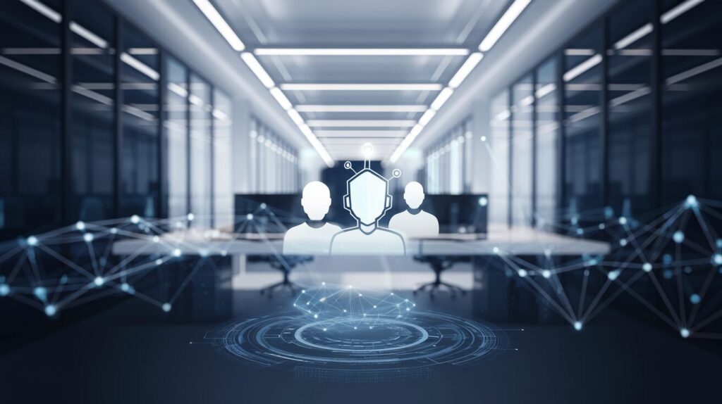 Modern office with holographic interface, AI-human collaboration icon, and 3D puzzle pieces.
