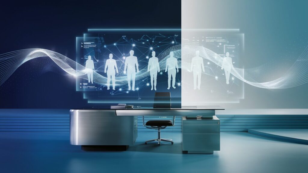 Modern office with holographic interface, blue tones, and sleek desk.