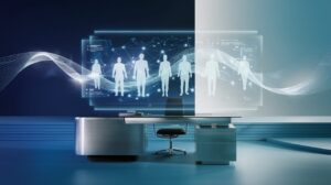 Modern office with holographic interface, blue tones, and sleek desk.