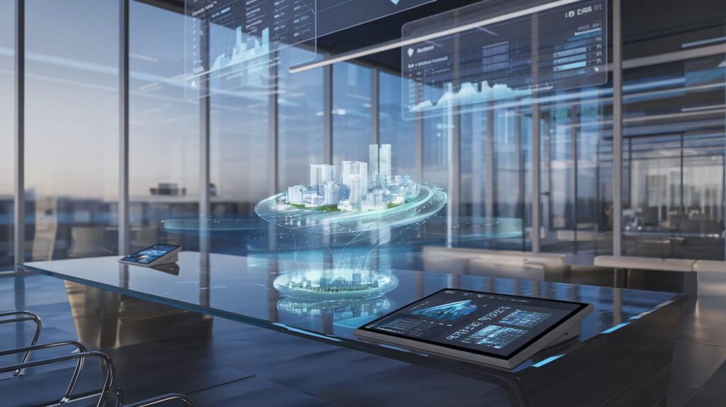 Modern office with holographic property model, city view, and digital analytics display.