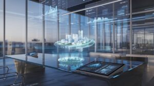 Modern office with holographic property model, city view, and digital analytics display.