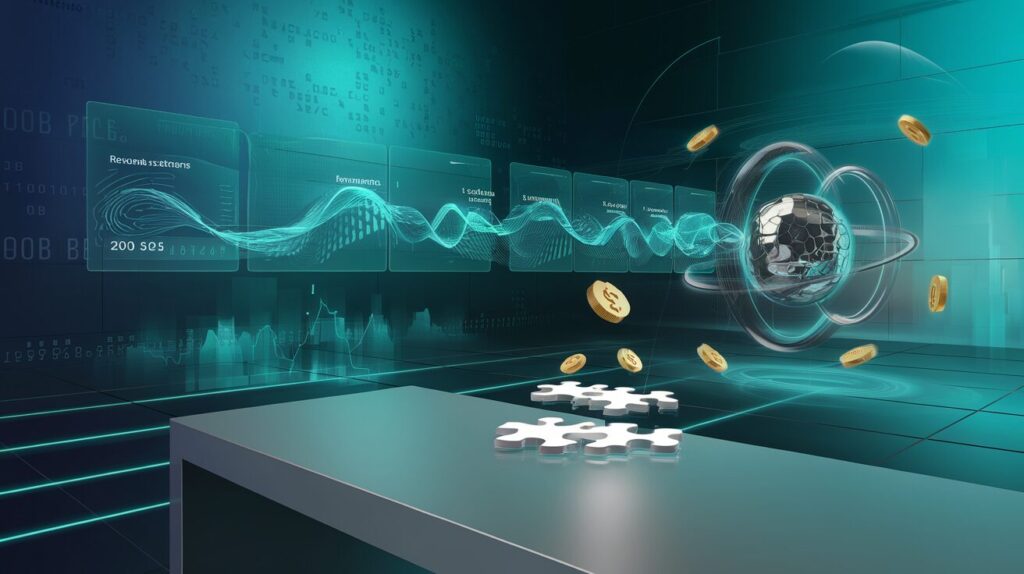 Modern workspace with holographic interface, 3D puzzle, and digital elements in azure lighting.