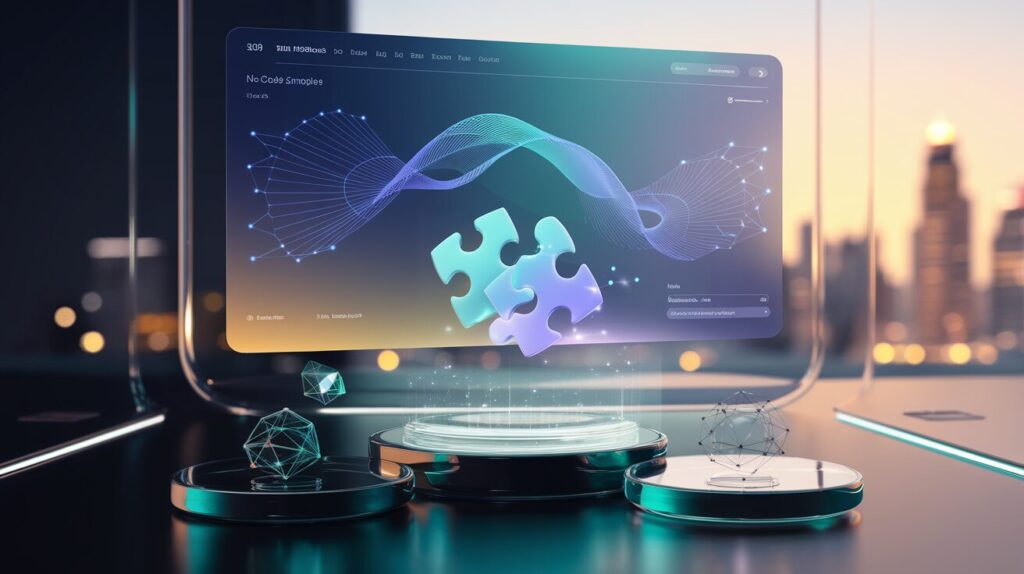 Modern workspace with holographic interface, 3D puzzle, glowing AI assets, cityscape backdrop.