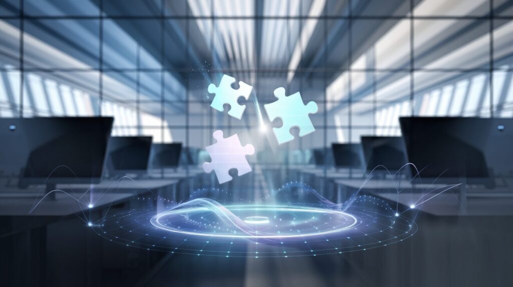 Modern workspace with holographic interface, connecting puzzle pieces, glass walls, blue hues.
