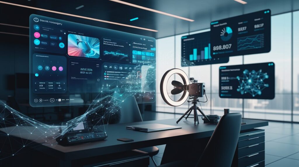 Modern workspace with holographic interface, influencer setup, and floating data screens.