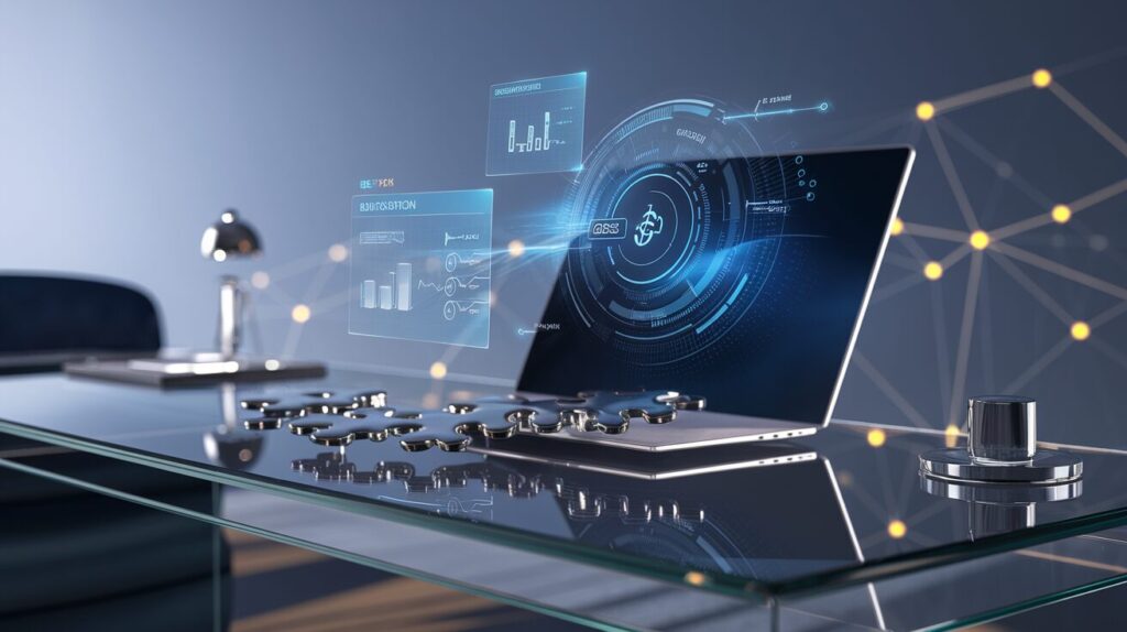 Sleek tech workspace with holographic laptop, metallic puzzle, AI node matrix, blue-golden lighting.