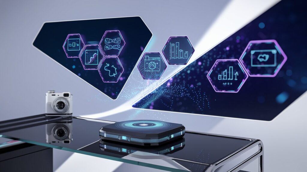 Sleek workspace with holographic interface displaying glowing hexagonal nodes.
