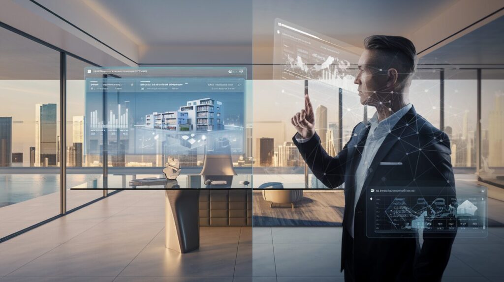 Split-screen: modern home office with holographic display, real estate agent with AI touch screen.