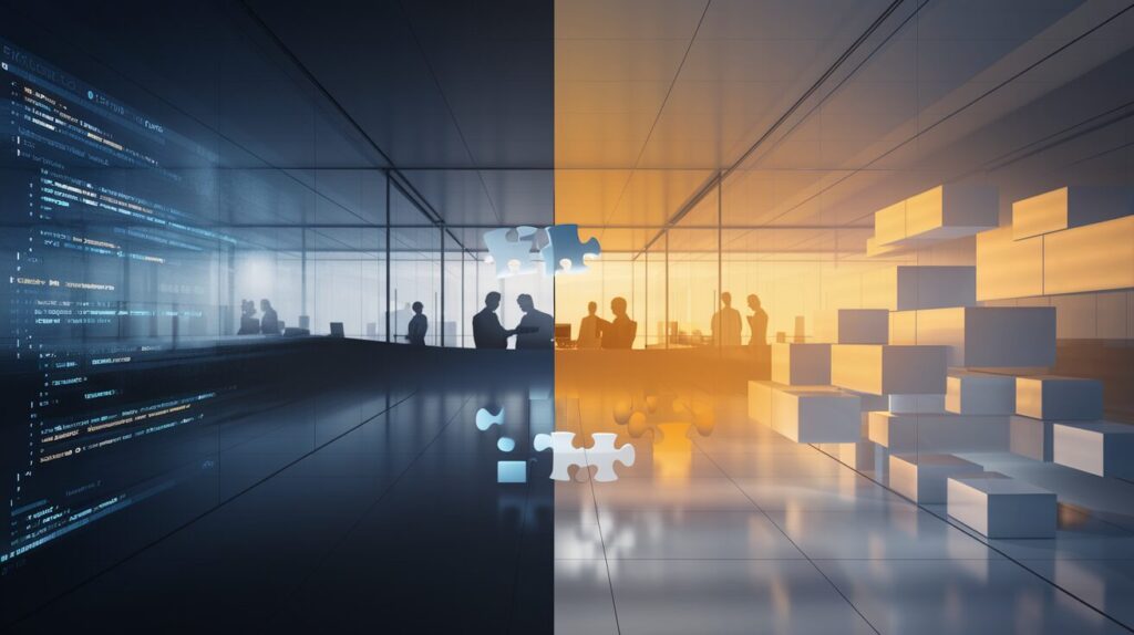 Contrasting workspaces with code in blue tones and drag-and-drop interface in amber light, connected by puzzle bridge.