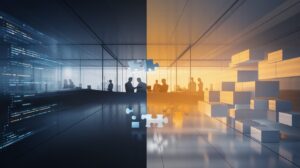 Contrasting workspaces with code in blue tones and drag-and-drop interface in amber light, connected by puzzle bridge.