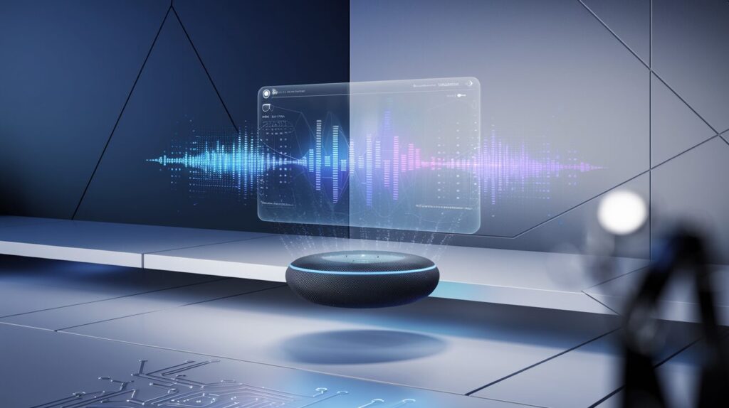 Floating holographic interface with sound waves above a sleek desk, smart speaker glowing.