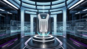 Futuristic command center with blue holographic shields and central AI core.