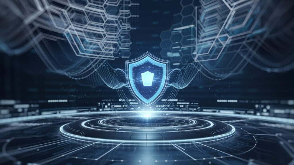 Futuristic command center with holographic blue shield and security grids.