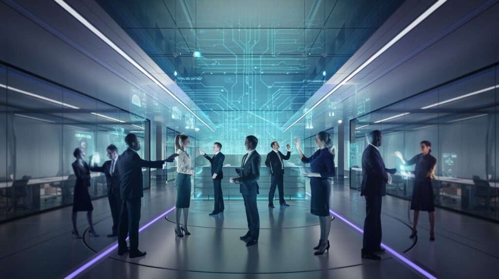 Futuristic office with holographic interfaces and diverse professionals interacting.