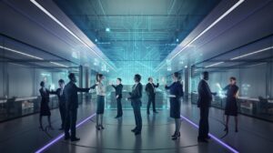 Futuristic office with holographic interfaces and diverse professionals interacting.