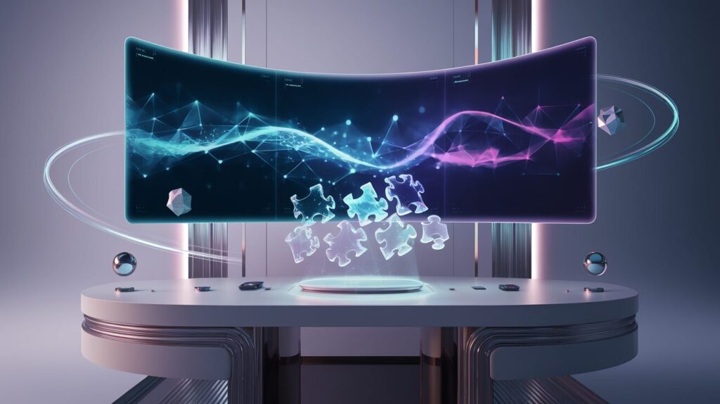 Futuristic workspace with curved holographic display and floating 3D puzzle pieces.