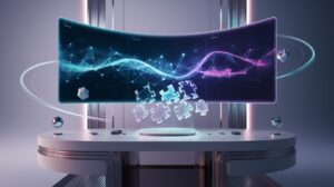 Futuristic workspace with curved holographic display and floating 3D puzzle pieces.