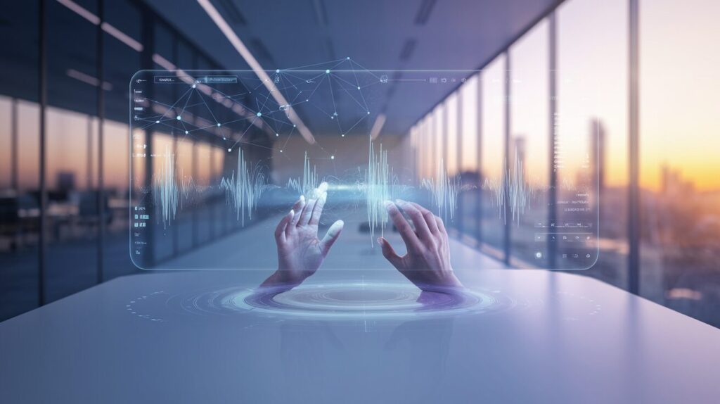Hands gesture at a holographic interface with blue, purple nodes in a modern office.