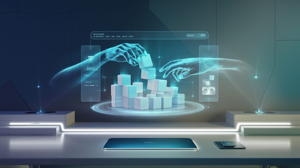 Holographic interface with blue hands assembling 3D app elements on a minimalist desk.