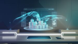 Holographic interface with blue hands assembling 3D app elements on a minimalist desk.