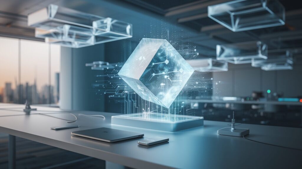 Minimalist tech workspace with floating holographic interface, crystalline cube, and cityscape.