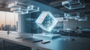 Minimalist tech workspace with floating holographic interface, crystalline cube, and cityscape.
