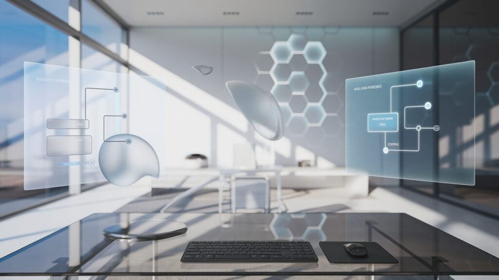 Minimalist workspace with floating holographic panels, glass desk, AI elements, sunlit room.